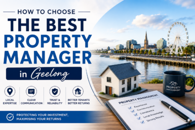 Professional real estate marketing image for how to choose the best property manager in Geelong featuring waterfront skyline, modern house model, and investment checklist